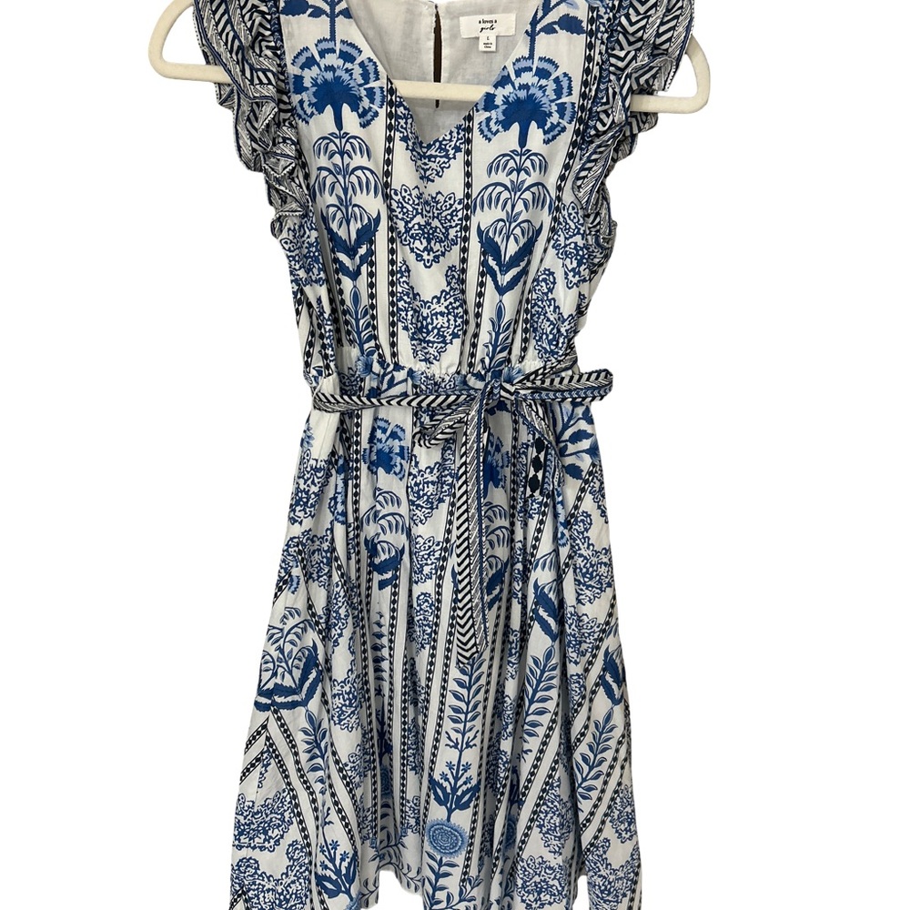 Blue and White Flutter Sleeve Mini Sundress